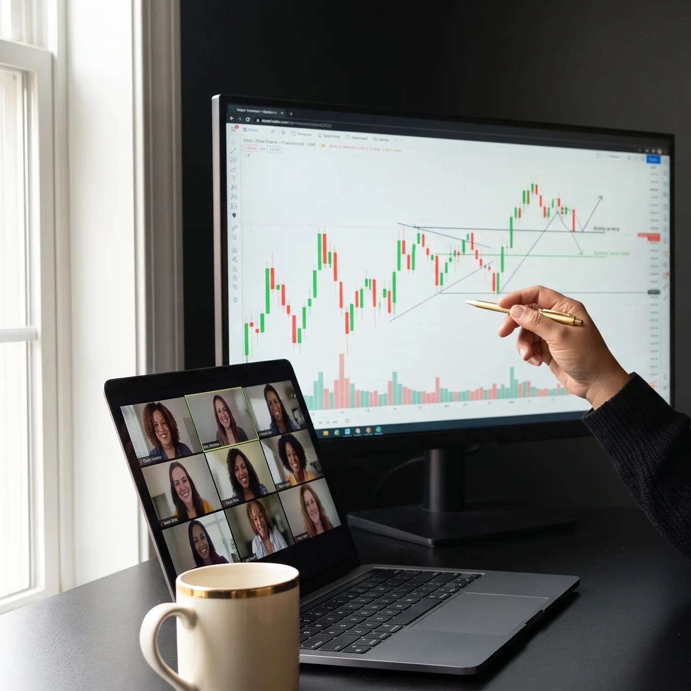 KG pointing a pen at a candlestick chart while teaching a live class on Zoom